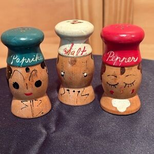 Vintage Wooden hand-painted figural shakers, Spice Shakers Set Japan